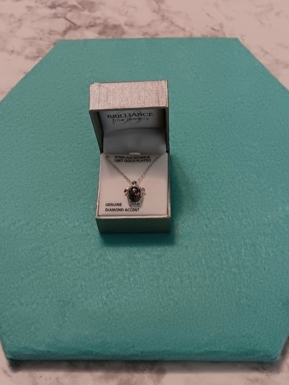 NEW Sterling Silver 18K Gold Plated Diamond Accent Sea Turtle Necklace – 18"